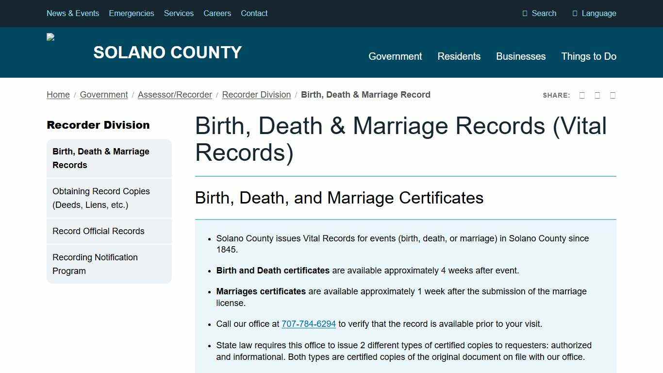 Birth, Death & Marriage Records (Vital Records) | Solano County, California